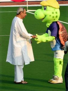 Odisha CM Naveen Patnaik with Olly the mascot