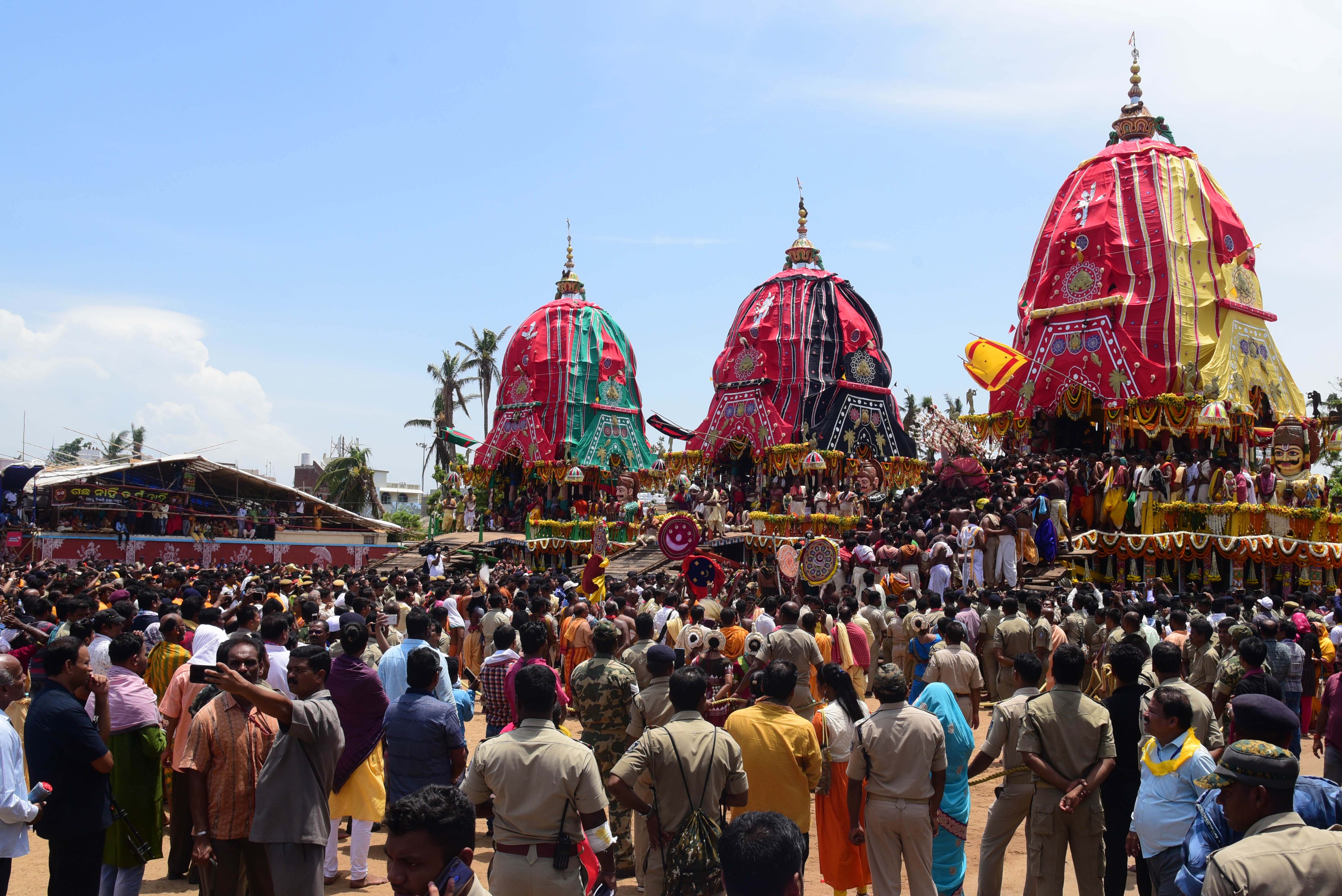 Chariots near Gundicha temple on Bahuda Yatra in Puri on Friday