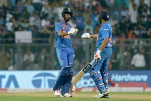 KL Rahul of India and Rohit Sharma of India during the third T20I match between India and the West Indies held at the Wankhede Stadium, Mumbai on the 11th December 2019. 