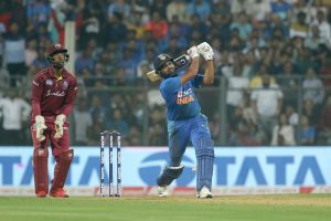 Rohit Sharma of India plays a shot during the third T20I match between India and the West Indies held at the Wankhede Stadium, Mumbai on the 11th December 2019.  